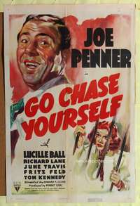 t267 GO CHASE YOURSELF one-sheet movie poster '38 artwork of Joe Penner & Lucille Ball behind bars!