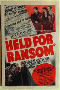 t285 HELD FOR RANSOM one-sheet movie poster '38 female federal agent solves kidnapping!