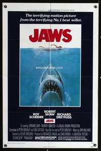 t330 JAWS one-sheet movie poster '75 Steven Spielberg classic man-eating shark!