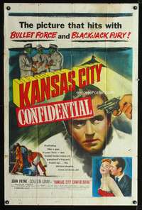 t345 KANSAS CITY CONFIDENTIAL one-sheet poster '52 it hits with bullet force and blackjack fury!