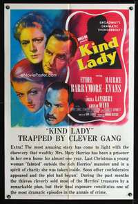 t350 KIND LADY one-sheet movie poster '51 Ethel Barrymore, John Sturges, Angela Lansbury