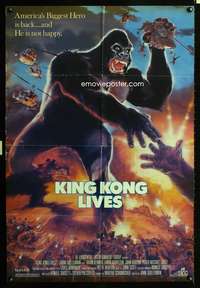 t352 KING KONG LIVES one-sheet movie poster '86 huge unhappy ape and army!