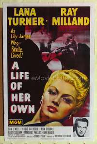 t364 LIFE OF HER OWN one-sheet movie poster '50 sexiest Lana Turner close up artwork, Ray Milland
