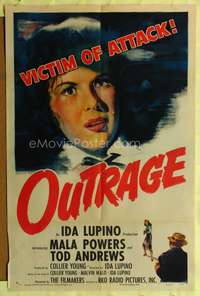 t477 OUTRAGE one-sheet movie poster '50 Mala Powers is a victim of attack, directed by Ida Lupino!