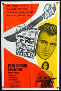 t574 SOMETHING OF VALUE one-sheet movie poster '57 Rock Hudson, Dana Wynter with gun!