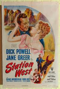 t590 STATION WEST one-sheet poster '48 cowboy Dick Powell loves Jane Greer; Burl Ives with guitar!