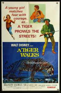 t658 TIGER WALKS style A one-sheet movie poster '64 Disney, great tiger artwork!