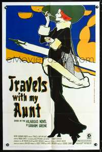 t677 TRAVELS WITH MY AUNT one-sheet movie poster '72 Graham Greene, Maggie Smith, cool art!