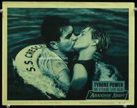 w034 ABANDON SHIP lobby card #5 '57 Tyrone Power & Mai Zetterling romantic kiss close up in water!