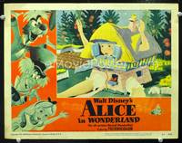 w048 ALICE IN WONDERLAND movie lobby card #3 '51 Disney, huge Alice in tiny house!
