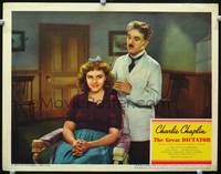 w018 GREAT DICTATOR lobby card '40 barber Charlie Chaplin gives haircut to lovely Paulette Goddard!