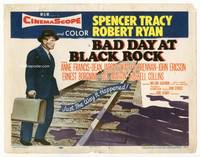z026 BAD DAY AT BLACK ROCK title movie lobby card '55 image of Spencer Tracy on railroad tracks!