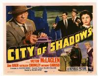 z069 CITY OF SHADOWS title movie lobby card '55 Victor McLaglen pointing gun in New York City!