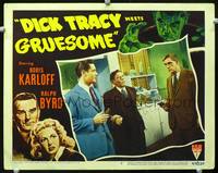 z405 DICK TRACY MEETS GRUESOME movie lobby card #2 '47 Boris Karloff holds Ralph Byrd at gunpoint!