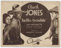 z133 HELLO TROUBLE title movie lobby card '32 cowboy Buck Jones protects Lina Basquette!