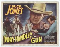 z153 IVORY-HANDLED GUN title movie lobby card '35 great close up Buck Jones plus horse riding image!