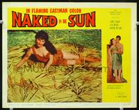 z576 NAKED IN THE SUN movie lobby card #5 '57 sexiest Lita Milan laying in straw!