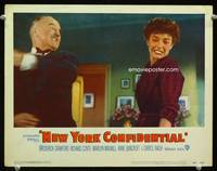 z581 NEW YORK CONFIDENTIAL movie lobby card #1 '55 Broderick Crawford slaps Anne Bancroft!