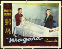 z582 NIAGARA movie lobby card #6 '53 Marilyn Monroe in the morgue!