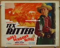 z245 ROLL WAGONS ROLL title movie lobby card '40 great image of Tex Ritter pointing two guns!