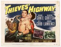 z319 THIEVES' HIGHWAY title lobby card '49 Jules Dassin, barechested truck driver Richard Conte!