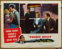 z751 TIGHT SPOT movie lobby card '55 Edward G. Robinson examines Ginger Rogers on the stand!