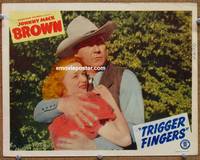 z759 TRIGGER FINGERS movie lobby card '46 Johnny Mack Brown & Jennifer Holt romantic close up!