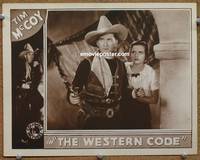 z783 WESTERN CODE lobby card '32 great close up of Tim McCoy with gun drawn protecting Nora Lane!
