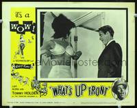 z785 WHAT'S UP FRONT movie lobby card #1 '64 girl stripping in front of Tommy Holden!