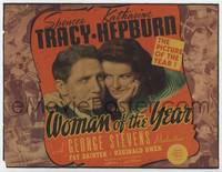 z349 WOMAN OF THE YEAR title movie lobby card '42 great image of Spencer Tracy & Katharine Hepburn!