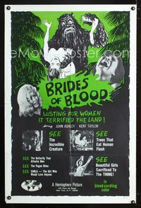 b091 BRIDES OF BLOOD one-sheet '68 wacky art of monster with dismembered girl & a naked native too!