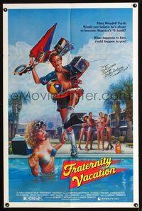 b251 FRATERNITY VACATION signed one-sheet '85 by Stephen Geoffreys, who is with sexy girl in pool!