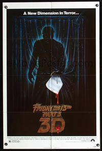 b254 FRIDAY THE 13th 3 - 3D one-sheet movie poster '82 slasher sequel, great horror art!