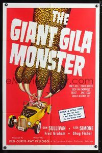 b268 GIANT GILA MONSTER one-sheet '59 classic art of giant monster hand grabbing teens in hot rod!