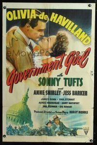 b278 GOVERNMENT GIRL one-sheet '43 art of Olivia de Havilland & Sonny Tufts in Washington D.C.!