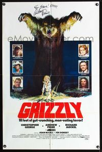 b290 GRIZZLY signed one-sheet '76 by Andrew Pine, cool Neal Adams art of man-eating grizzly bear!