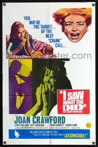 b329 I SAW WHAT YOU DID one-sheet movie poster '65 Joan Crawford, William Castle, uxoricide!