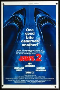 b340 JAWS 2 one-sheet movie poster R80 one good bite deserves another, great shark image!
