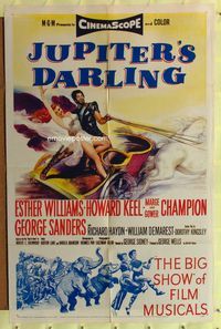 b348 JUPITER'S DARLING one-sheet '55 great art of sexy Esther Williams & Howard Keel on chariot!