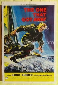 b463 ONE THAT GOT AWAY one-sheet movie poster '58 cool artwork of Hardy Kruger jumping from a train!