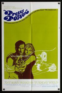 b503 PRETTY POISON one-sheet movie poster '68 cool artwork of Anthony Perkins & psycho Tuesday Weld!
