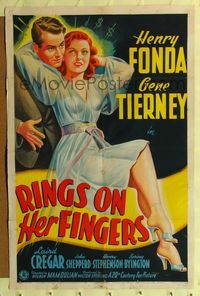 b550 RINGS ON HER FINGERS one-sheet '42 great stone litho art of sexy Gene Tierney & Henry Fonda!