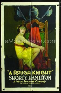 b561 ROUGH KNIGHT one-sheet '16 Mack Sennett, stone litho art of beautiful girl by suit of armor!