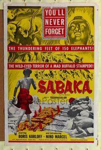 b564 SABAKA one-sheet poster '54 you'll never forget Boris Karloff or the 150 thundering elephants!
