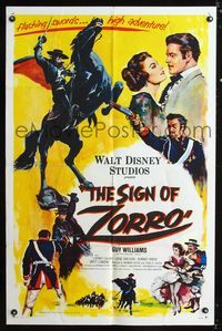 b582 SIGN OF ZORRO one-sheet movie poster '60 Walt Disney, masked hero Guy Williams!