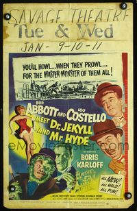 c020 ABBOTT & COSTELLO MEET DR. JEKYLL & MR. HYDE window card poster '53 Bud & Lou, Boris Karloff