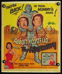 c021 ABBOTT & COSTELLO MEET THE MUMMY window card poster '55 they're back in their mummy's arms!