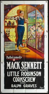 1a301 LITTLE ROBINSON CORKSCREW 3sheet '24 Mack Sennett, great image of 1920s bodybuilder in gym!