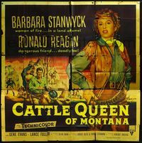 1a009 CATTLE QUEEN OF MONTANA six-sheet movie poster '54 Barbara Stanwyck, Ronald Reagan