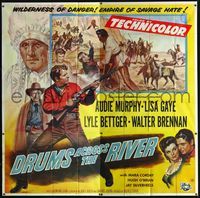 1a016 DRUMS ACROSS THE RIVER six-sheet '54 Audie Murphy in an empire of savage hate, cool art!